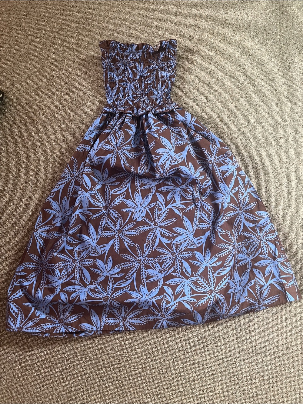 Smocked Strapless Plant Print Dress in Blue and Brown
